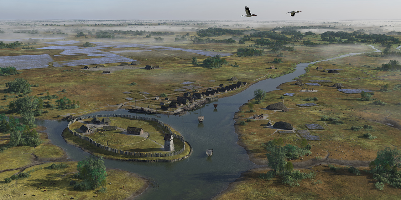 Reconstructietekening van Vlaardingen rond 1018. Illustrator: Ulco Glimmerveen, Collectie Archeologie Vlaardingen, bc026_2018_©UG.