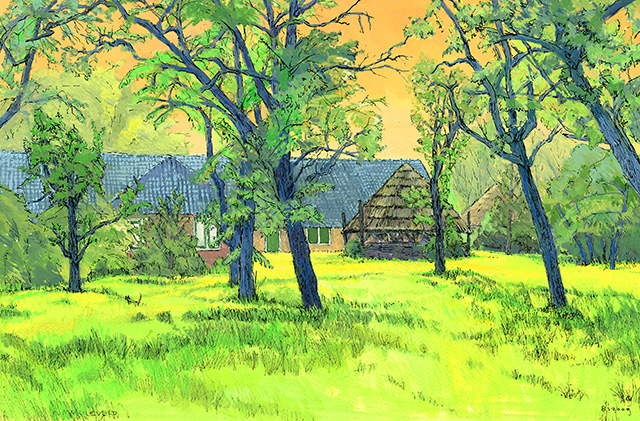 Gouache door C. Maarleveld van de boomgaard aan de achterzijde van boerderij Hoogstad. Collectie Stadsarchief Vlaardingen, PRVL1000.