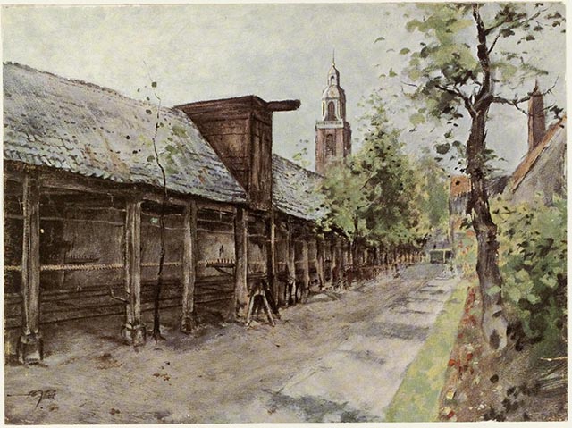 De lijnbaan rond 1956, foto van een schilderij van F.J. Tiele. Collectie Stadsarchief Vlaardingen, T028-011.