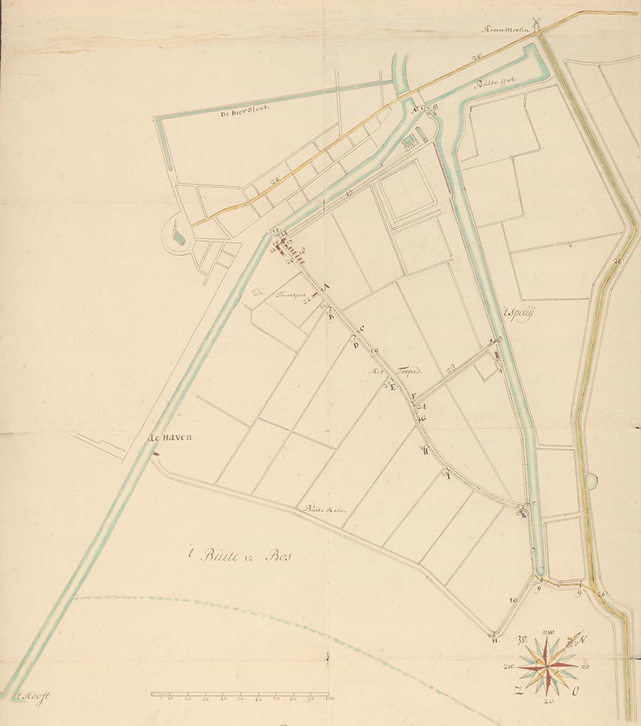 Detail van een kaart van de Buytenweyden in 1745, gemaakt in opdracht van ambachtsheer Diederik van Leijden. Kaartmaker: L. Swemkoop, Collectie Stadsarchief Vlaardingen, KVL0221.