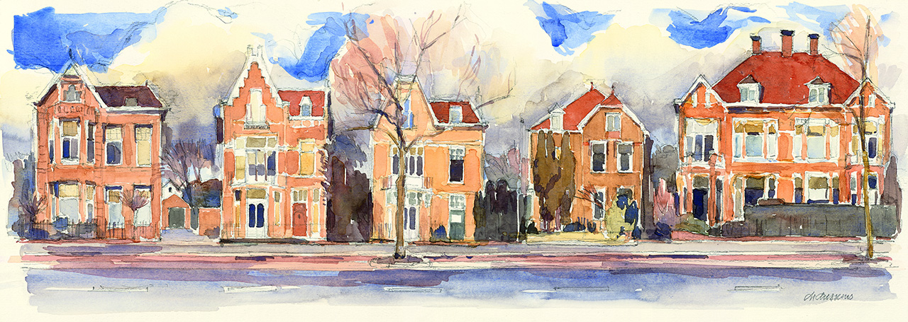 Aquarel van de villa's aan de Schiedamseweg, 2010. Kunstenaar: Ch. Aussems, Collectie Stadsarchief Vlaardingen, PRVL0904.