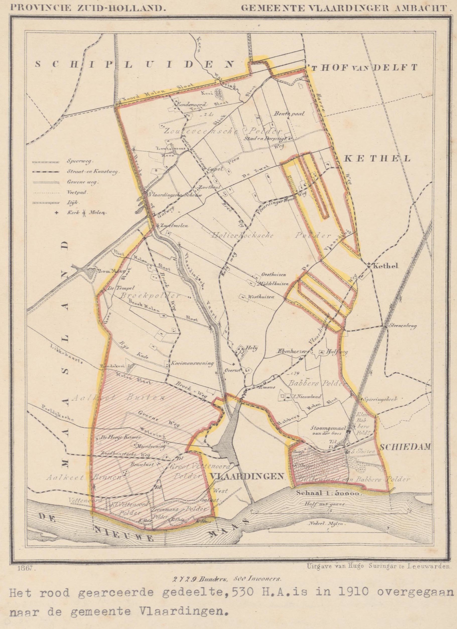 Kaart Provincie Zuid-Holland van 1867. Het rood gearceerde deel is in 1910 overgegaan naar de gemeente Vlaardingen. Collectie Stadsarchief Vlaardingen, KVL0002.