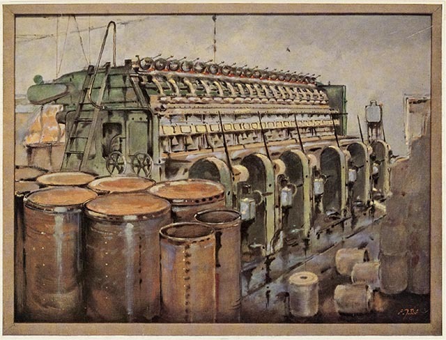 Deze prent van een spinmachine in de spinnerij sierde een van de reclamekalenders. Naar een schilderij van F.J. Tiele. Collectie Stadsarchief Vlaardingen, T028-013.
