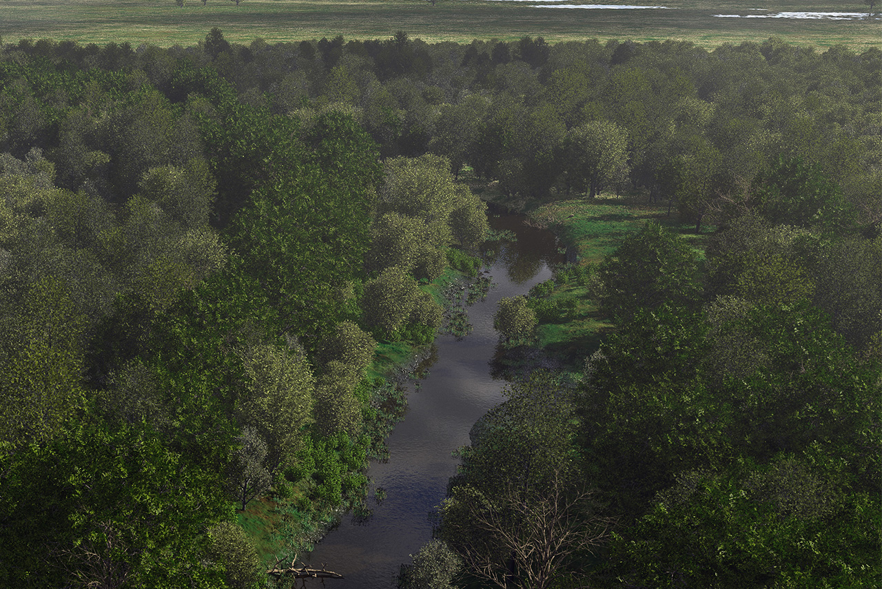 De Vlaardingenmens vestigde zich op de hoge delen van de oevers. Hier een verlaten kamp, nog herkenbaar door de open plek in het bos. Illustratie en rechten: Ulco Glimmerveen, Collectie Archeologie Vlaardingen.