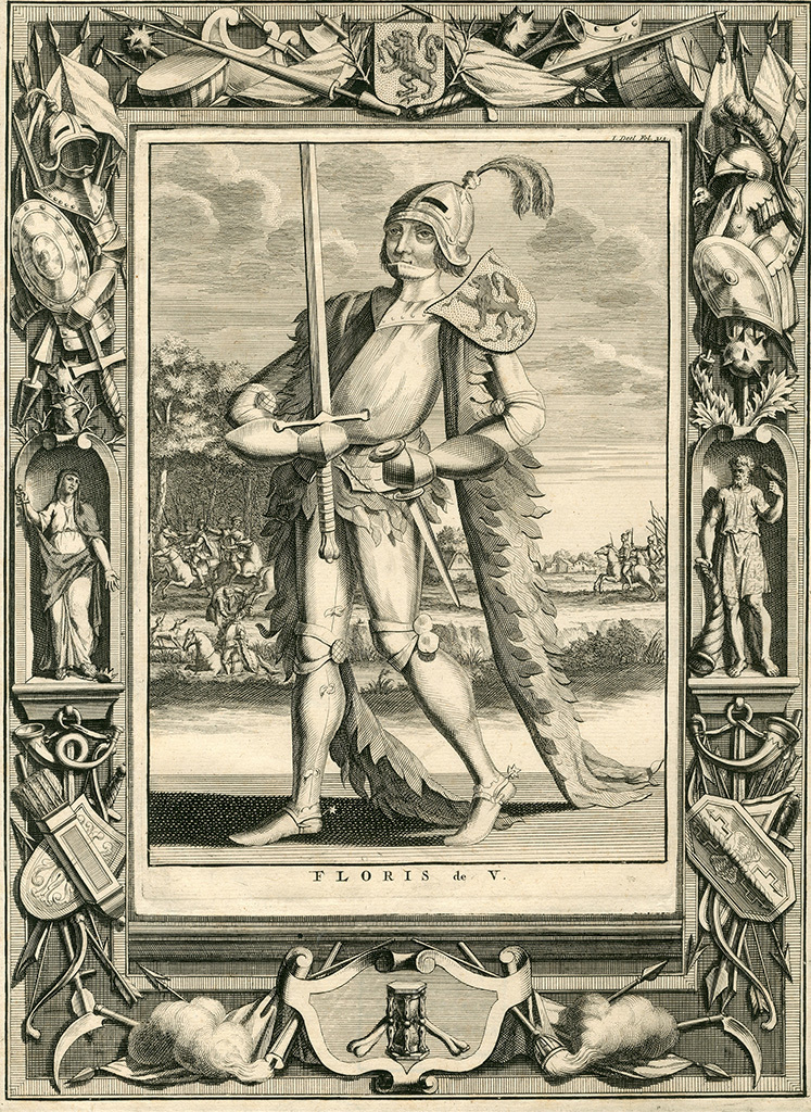 Prent van graaf Floris de Vijfde in een boek uit 1744. Collectie Stadsarchief Vlaardingen, PRVL0002.