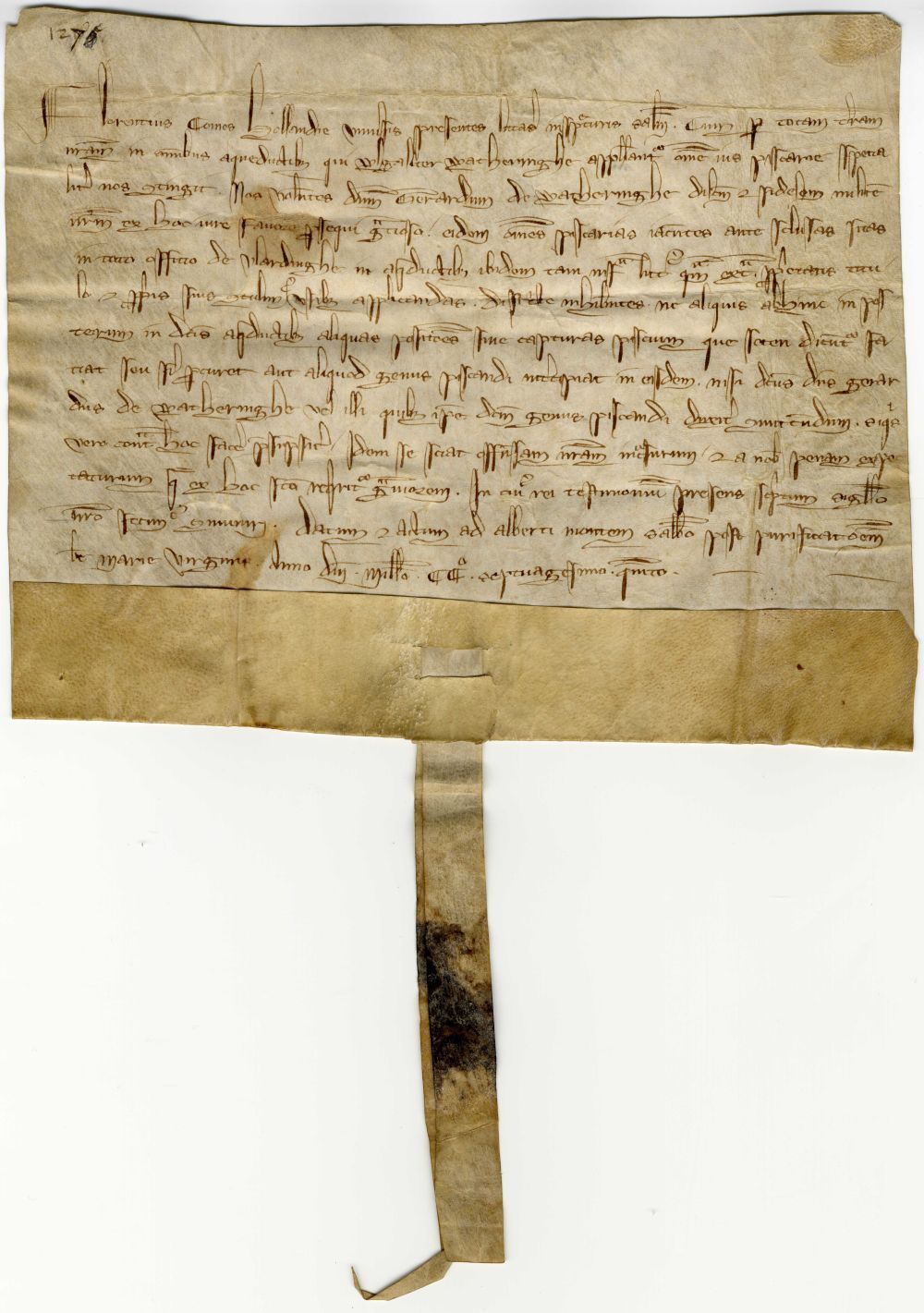 Het door graaf Floris V verleende stadsrecht van 1273 is verloren gegaan, maar van hem is wel dit Vlaardingse charter uit 1276 bewaard gebleven. Collectie Stadsarchief Vlaardingen.