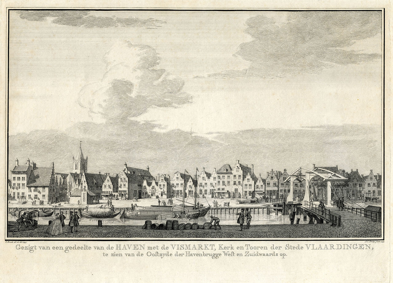 Gravure van Vlaardingen met de Visbank, naar een prent van C. Pronk uit 1743. Graveur: J.C. Philips, PRVL0117.