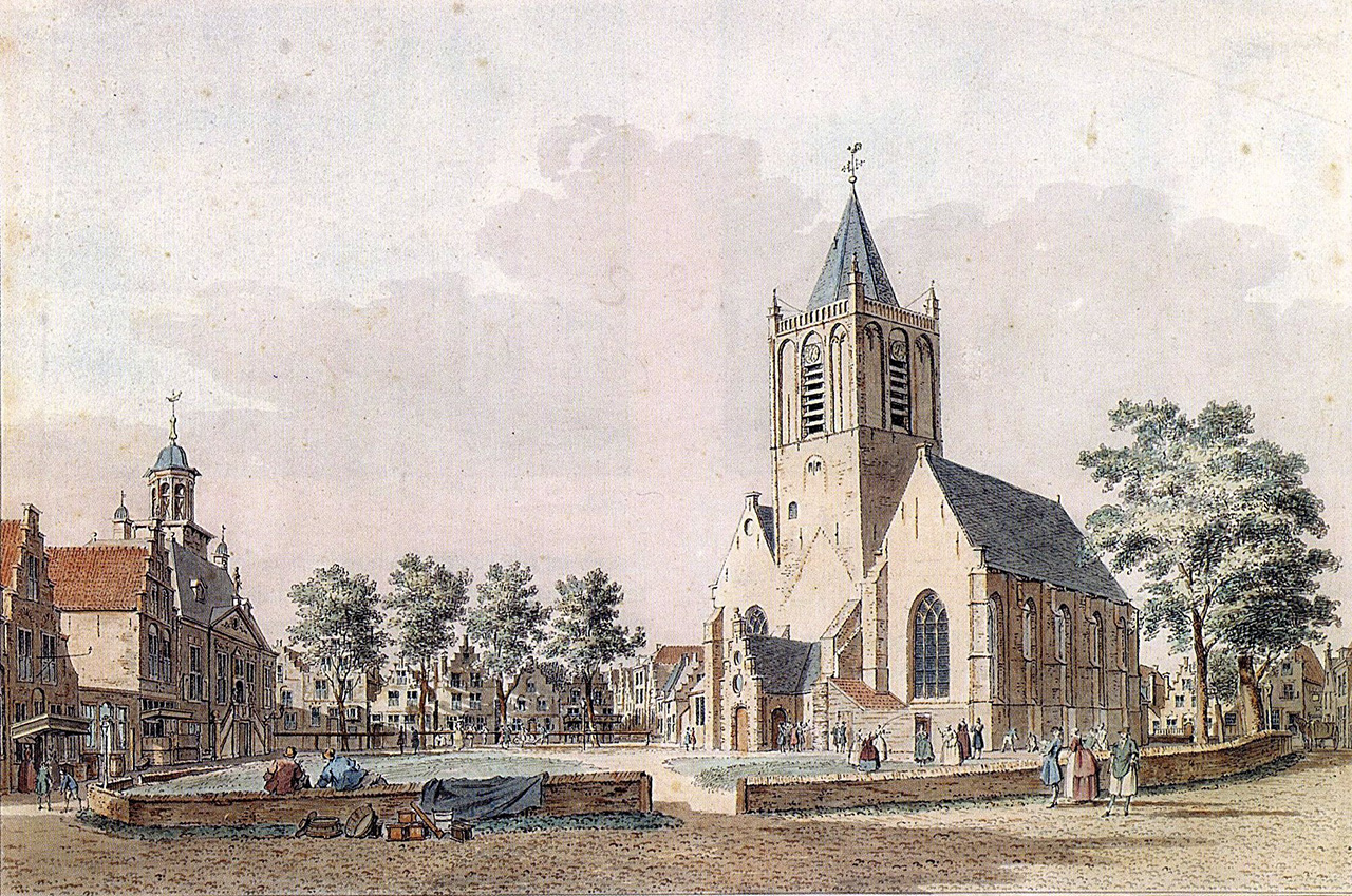 Aquarel van de Grote kerk met de oude toren, C. Pronk 1743. Afbeelding uit veilingcatalogus, Collectie Stadsarchief Vlaardingen, PRVL0163.