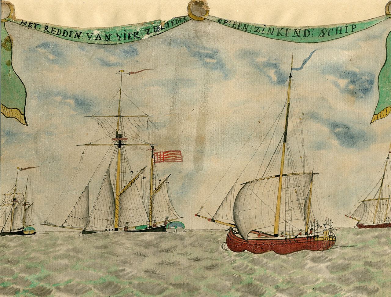 Anonieme tekening met het opschrift 'Het redden van vier zeelieden op een zinkend schip'. Op een tweede tekening staat het vervolg 'door schipper Jan Bakker op den eersten Januarij 1829'. Collectie Stadsarchief Vlaardingen, PRVL0234.