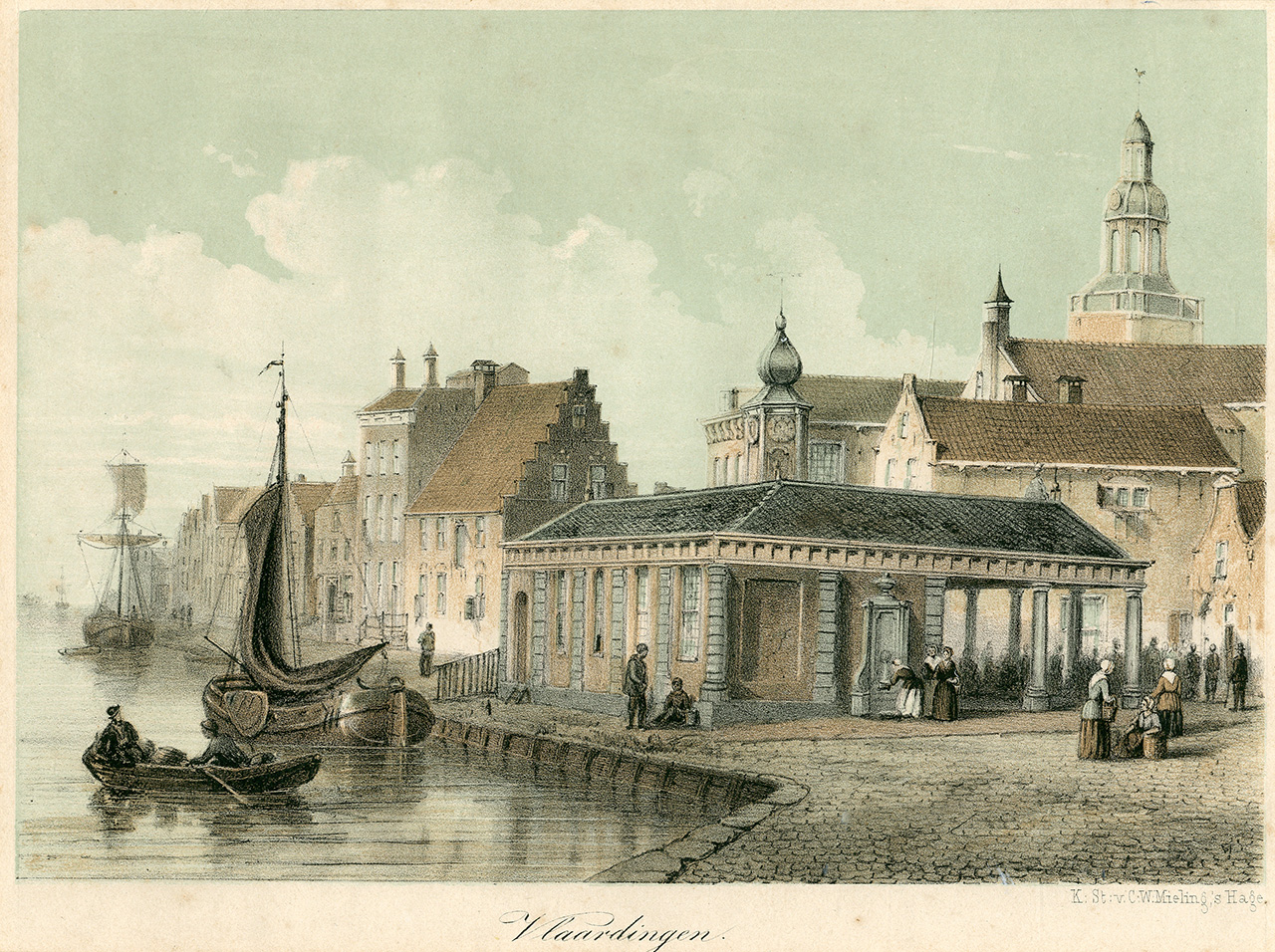 Ingekleurde litho van de Visbank rond 1863 door C. W. Mieling. Collectie Stadsarchief Vlaardingen, PRVL0311.