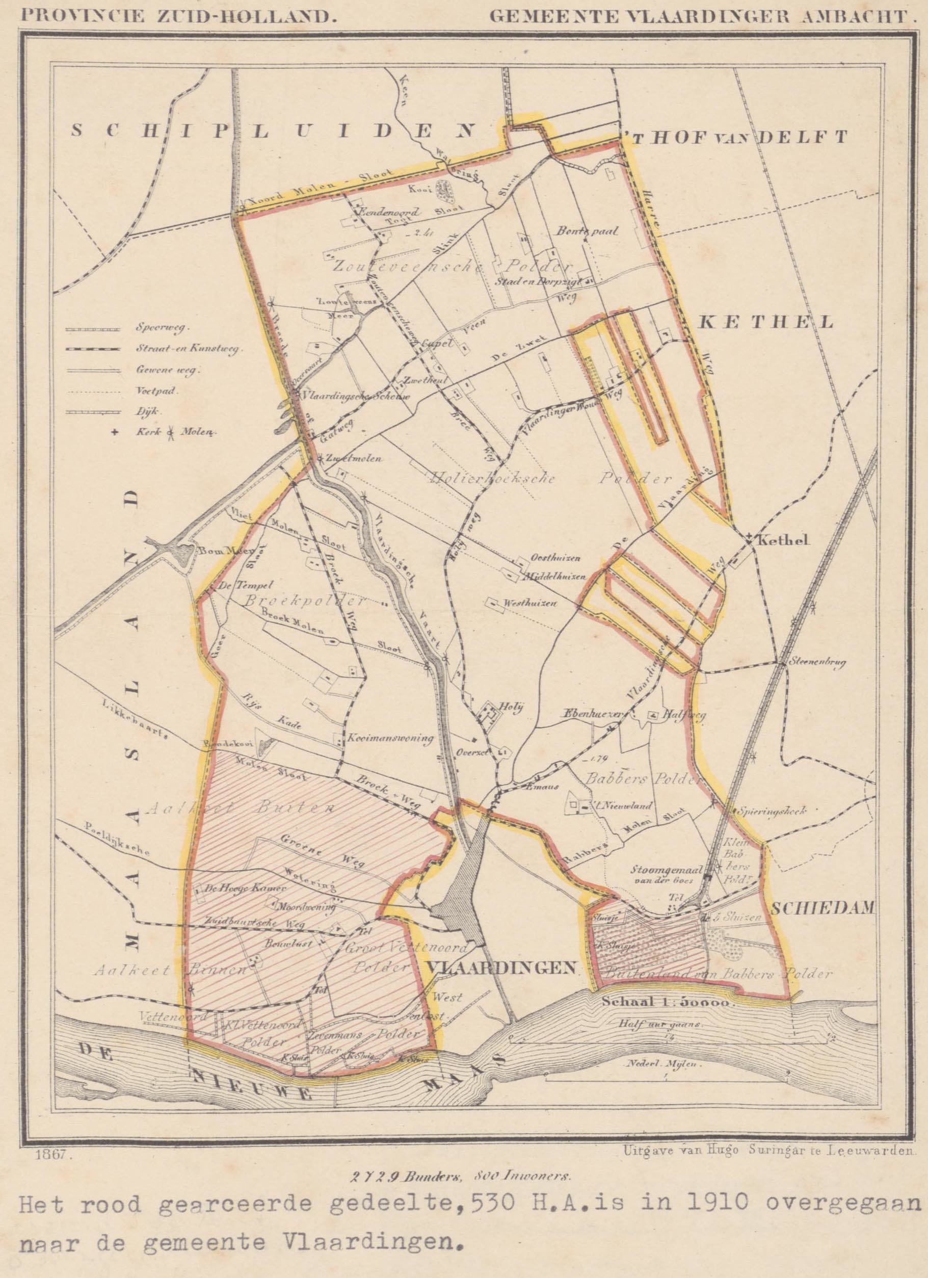 Kaart Provincie Zuid-Holland van 1867. Het rood gearceerde deel is in 1910 overgegaan naar de gemeente Vlaardingen. Collectie Stadsarchief Vlaardingen, KVL0002.